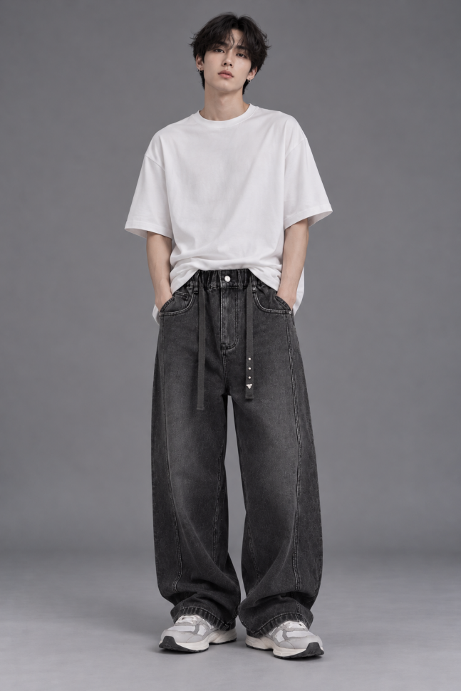 Утеплённые джинсы багги для мальчика-подростка серые Oversize D7529