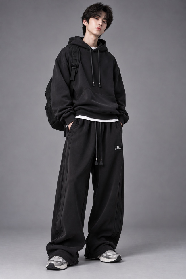 Утеплённые трикотажные брюки для мальчика-подростка чёрные Oversize D7535